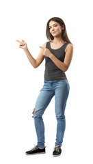 Young brunette girl wearing casual jeans and t-shirt pointing fingers isolated on white background