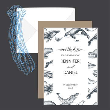 Wedding Card with whale. Colorful vector illustration with wildlif animals. Save the date invitation.