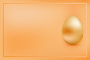 Golden chicken egg on a gold background with frame. Design element. Happy easter. Greeting card with copy space. Yellow metal egg. Vector illustration.