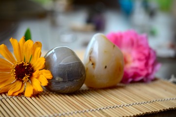 Obraz na płótnie Canvas Set of 2 Jumbo Agate Palm Stones. Tumbled polished Agate; Crystals for creativity and intellect. Harmony and grounding. Large Agate with summer flowers. Crisp colors, banded agate stones