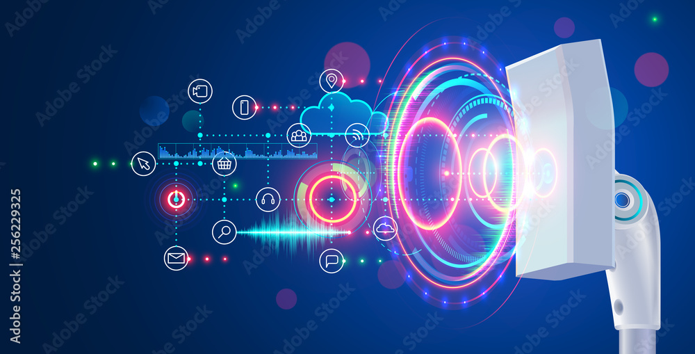Poster City broadband network technology concept. White high speed mobile Internet transmission tower transmit abstract communication signal. 5g wireless connection of telecommunication infrastructure.