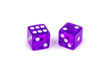Two purple glass dice isolated on white background. Six and two.