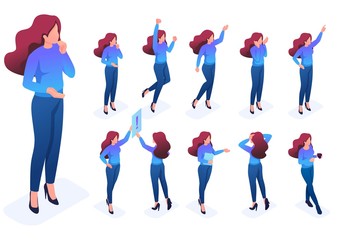 Obraz premium Set Poses Gestures Character, Woman Create Vector Illustrations Isolated Background