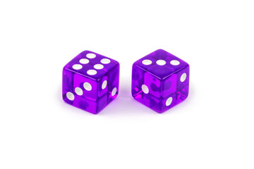 Two purple glass dice isolated on white background. Six and three.