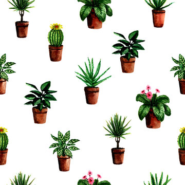 Seamless pattern with watercolor hand painted house green plants in pots For fabric textile, scrapbooking or wrapping paper design