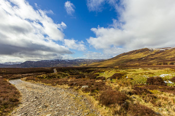 A mountain view with grassy slope, snowy summits and path under a majestic blue sky and white clouds