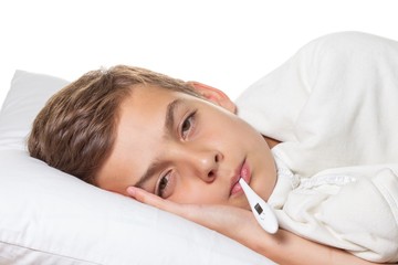 Child flu sick, boy with medical thermometer,  bed.