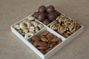 Walnuts, almonds, cashew, macadamia