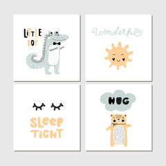 Posters setsCollection of children cards with cute wild cartoon animals and lettering. Perfect for nursery posters. - 256230707