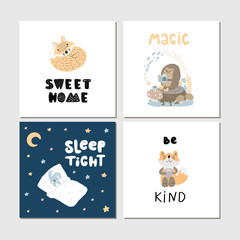 Collection of children cards with cute wild cartoon animals and lettering. Perfect for nursery posters. - 256230725