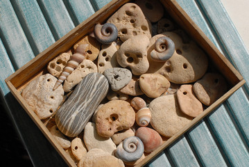 A wooden box with natural sea treasures found on the coastal sand on the beach. Ancient little seashells, yellow stones with holes, gray stones with stripes - all this is a reminder of vacation.