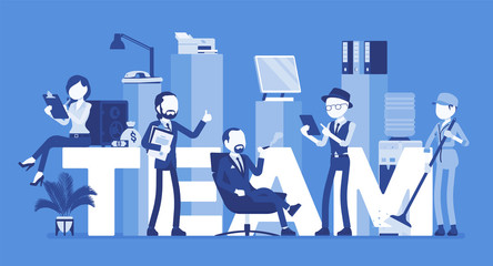 Team giant letters and people. Group of diverse men working together to achieve a common goal, friendship and collaboration to do task, job, business project. Vector illustration, faceless characters