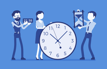 Time management giant clocks, business people. Manager controls employees working well, do tasks productively, organizing skills help to spend hours in office. Vector illustration, faceless characters