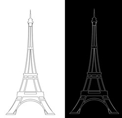 eiffel tower elegant contour drawing outline - black and white vector landmark design set