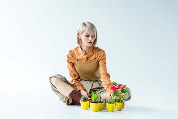 beautiful stylish blonde girl sitting with flower pots on white