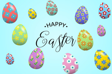Happy Easter background template with lettering and colorful Easter eggs. Vector illustration.