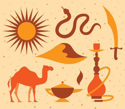 Vector illustration icon set of desert sun, snake, knife, landscape, camel, magic, hookah