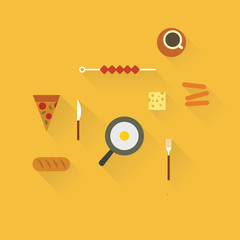 Vector illustration icon set of food: scrambled eggs, sausages, cheese, barbecue, pizza, bread and coffee