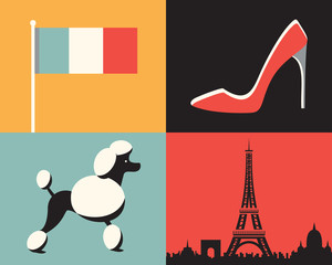 Vector illustration icon set of France: flag, fashion, dog, Paris