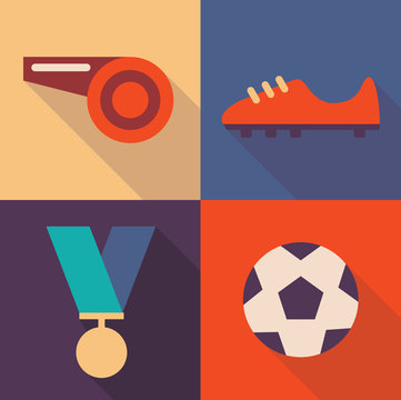 Vector illustration icon set of football: whistle, shoes, medal, ball