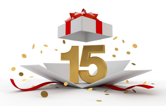 Happy 15th birthday gold surprise boxwith red ribbon. 3D Rendering