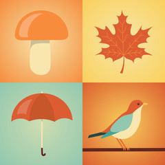 Vector illustration icon set of autumn: mushroom, leaf, umbrella, bird