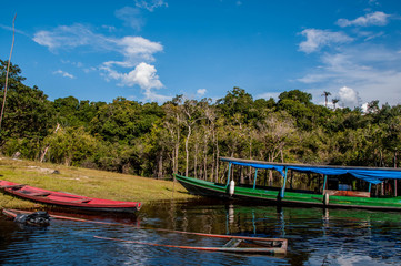 Obraz premium Barco em paisagem na região Amazônica, Manaus, norte do Brasil