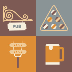 Vector illustration icon set of pub, billiards, sausage, beer