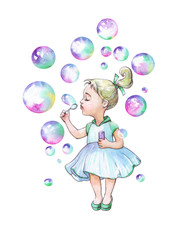 Little girl blowing soap bubbles