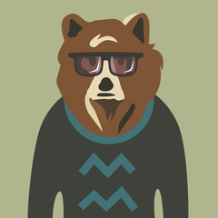 Vector illustration of hipster bear in sweater and glasses