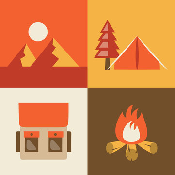 Vector illustration icon set of camping: landscape, tent, bag, fire