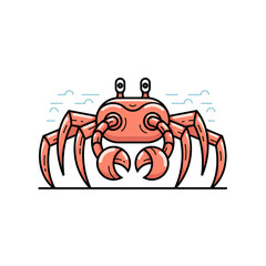 Summer island landscape with red large sea crab on beach in flat design. Summertime travel concept vector illustration. Outline icon