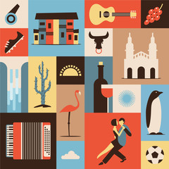 Argentina, vector flat illustration, icon set, travel background