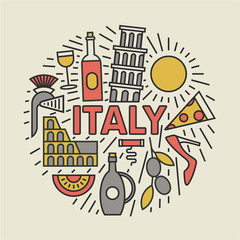 Italy, vector flat illustration, icon set, travel background.