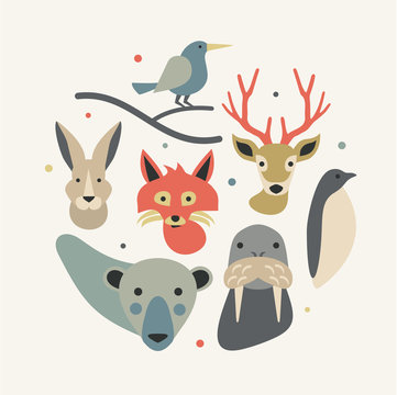 North animals, vector flat illustration, icon set, white background