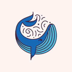 Blue whale, big fish, vector outline illustration, flat sea icon