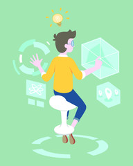 Flat style programmer working on hologram stuff vector illustration