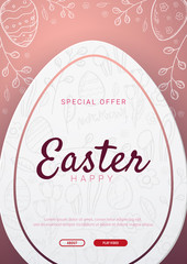 Happy Easter background with traditional sketches decorations. Easter greeting with colored eggs, rabbit.