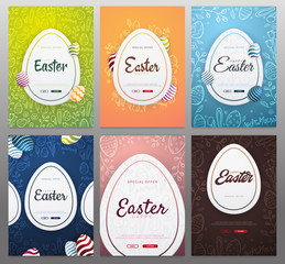 Set of Happy Easter backgrounds with traditional sketches decorations. Easter greeting with colored eggs, rabbit.