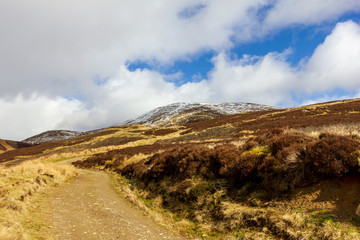 A mountain view with grassy slope, snowy summits and path under a majestic blue sky and white clouds