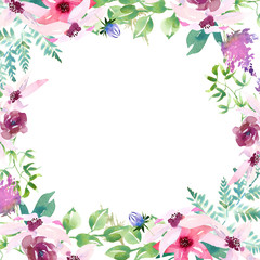 Wedding spring romantic bridal frame wreath. pink purple and white flowers green leaves ornament