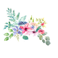 Obraz premium Collection spring Wedding romanric watercolor bouquet. Hand drawing watercolor blue pink and purple flowers ornament