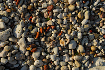 Multi-colored sea pebbles on the coast of the sea or ocean, always wet from the oncoming waves, Beautiful background.