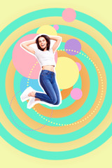 Full length body size portrait cute she her lady flying mixed cut out insert into different yellow pink blue violet circles illustration sport life placard idea isolated colored drawing background