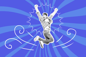 Portrait funky he his him guy jump high futuristic stylized illustration fresh light breeze blows...