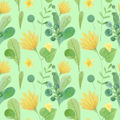 seamless pattern with cute watercolor illustration of stylized flowers.