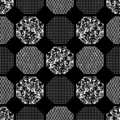 Seamless textured geometric pattern illustration of hexagons with waves, dots and random line textures in white, black and grey. Ideal for fashion, gift, paper, scrapbooking and fabric.