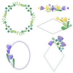set of hand-drawn watercolor frames of stylized flowers
