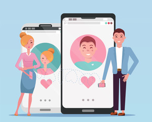 Man and woman acquaintance in social network. Used for web profiles on smartphones. Online dating app users. Human growth phones with dating site next to their owners. Flat cartoon vector illustration