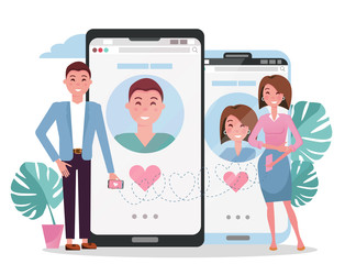 Online dating social networking, virtual relationships concept. Man and woman acquaintance in social network.Male female chatting on Internet.Flat cartoon vector illustration of couple near big phones
